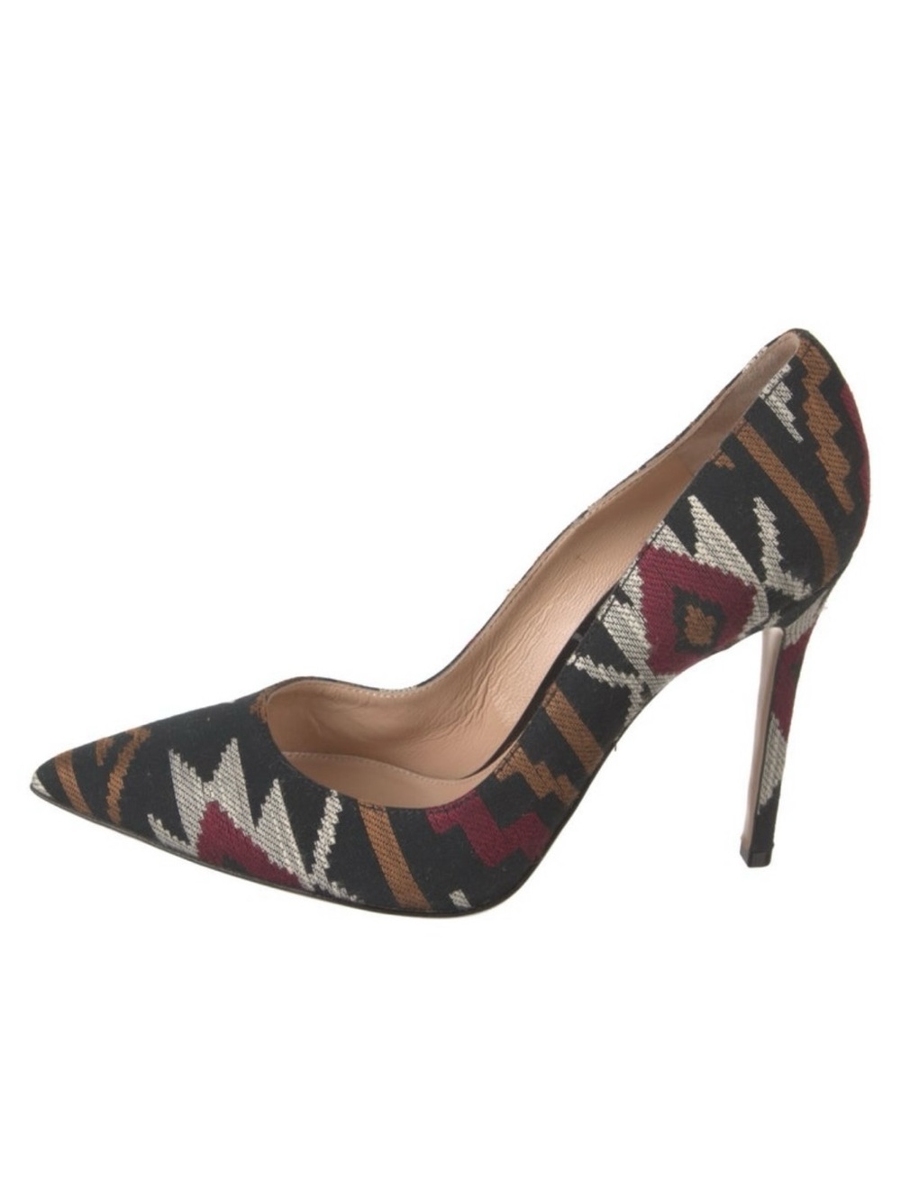 Gianvito Rossi Aztec-Pattern Pointed Toe Pump in Black, Brown and Burgundy